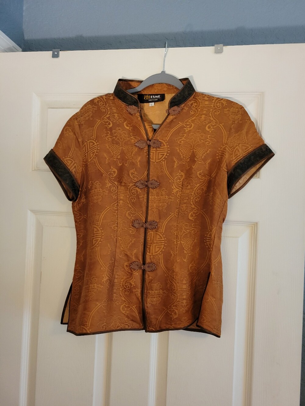 Vintage Esme Golden Brocade100% Silk Asian Shirt Jacket Women's Size L Slim Fit